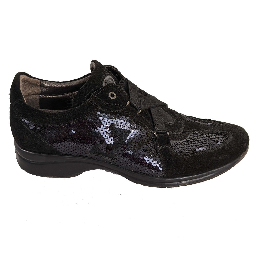 Janet Sport Women's 8.5 Black Suede Hook n Loop Sequined Sneakers Shoes